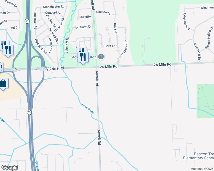 map of restaurants, bars, coffee shops, grocery stores, and more near 56800 Jewell Road in Shelby charter Township