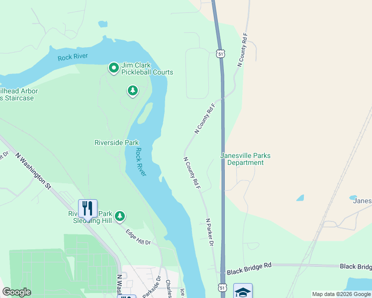 map of restaurants, bars, coffee shops, grocery stores, and more near 2365 North County Road F in Janesville