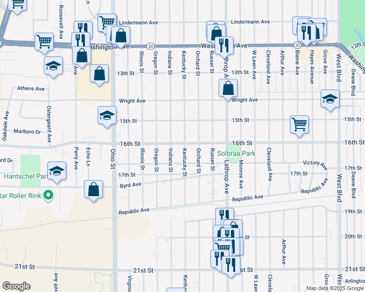 map of restaurants, bars, coffee shops, grocery stores, and more near 4203 16th Street in Racine
