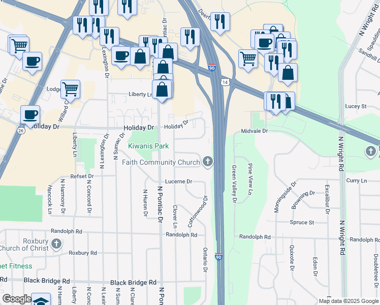 map of restaurants, bars, coffee shops, grocery stores, and more near 2903 Calgary Lane in Janesville
