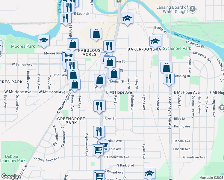 map of restaurants, bars, coffee shops, grocery stores, and more near 1814 Ray Street in Lansing