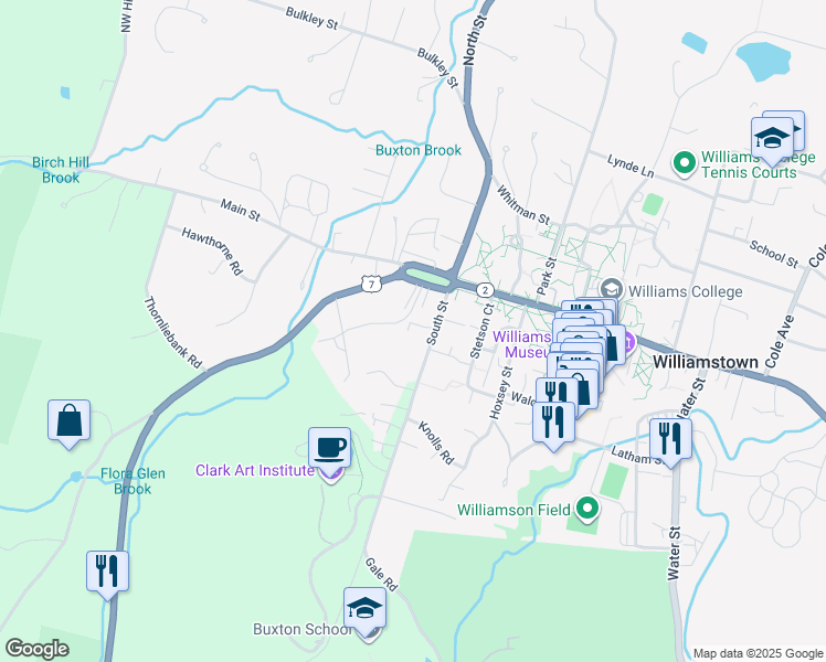 map of restaurants, bars, coffee shops, grocery stores, and more near 45 South Street in Williamstown