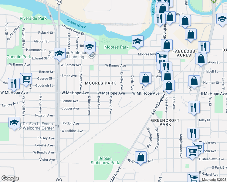 map of restaurants, bars, coffee shops, grocery stores, and more near 1835 Osband Avenue in Lansing