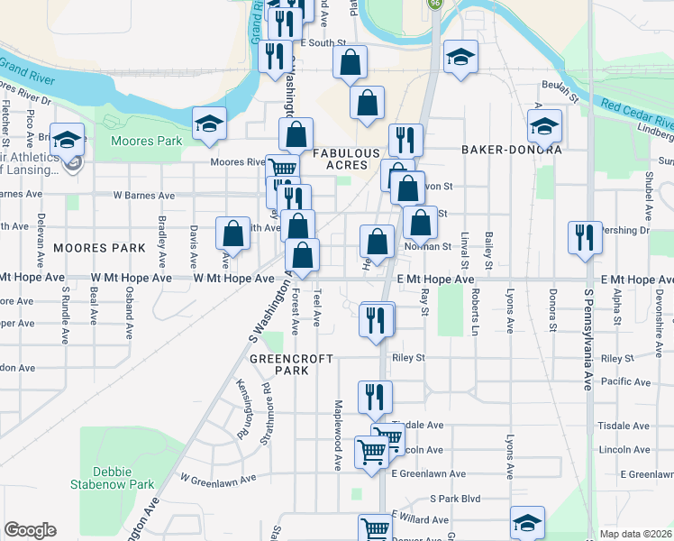 map of restaurants, bars, coffee shops, grocery stores, and more near 1819 Teel Avenue in Lansing
