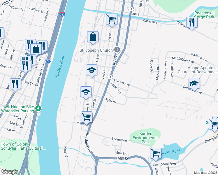 map of restaurants, bars, coffee shops, grocery stores, and more near 559 4th Street in Troy