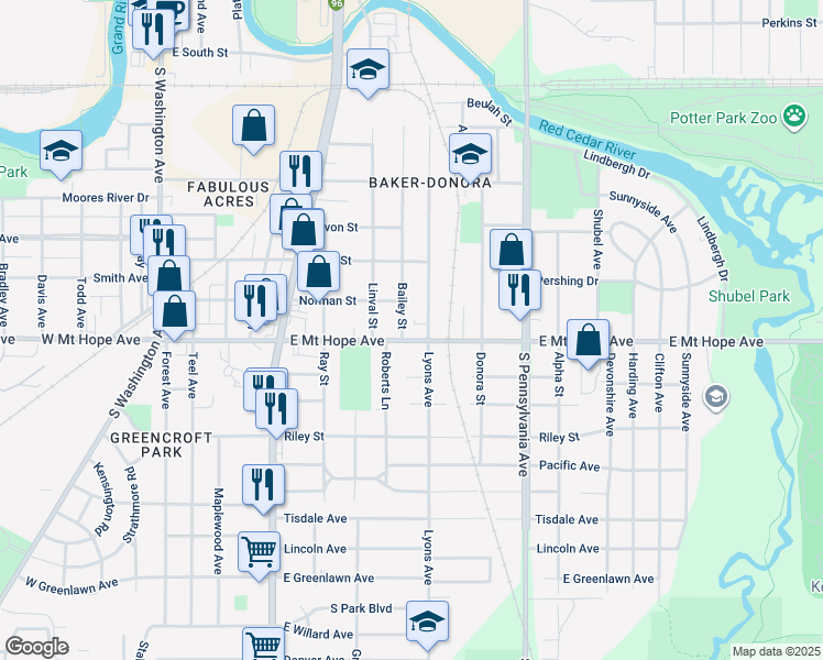 map of restaurants, bars, coffee shops, grocery stores, and more near 1814 Bailey Street in Lansing