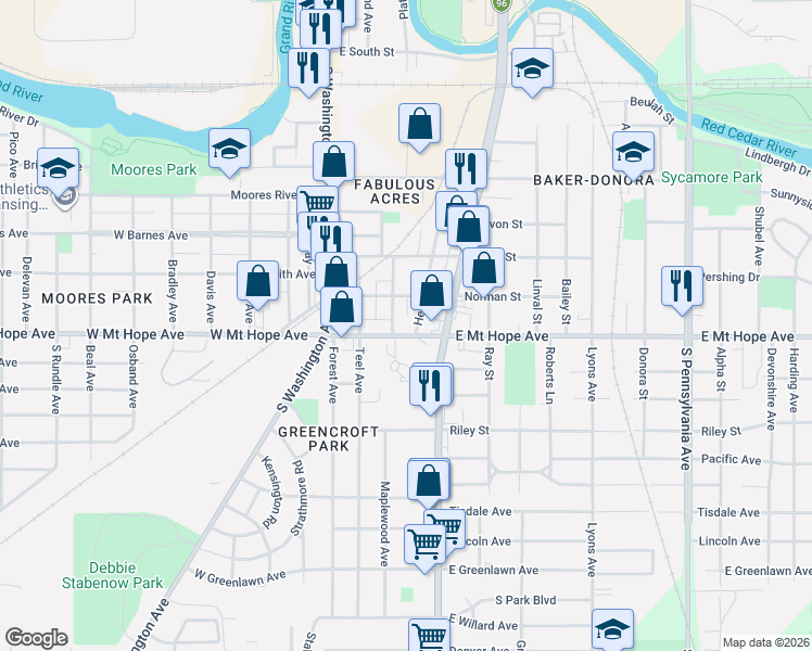 map of restaurants, bars, coffee shops, grocery stores, and more near 1814 Herbert Street in Lansing