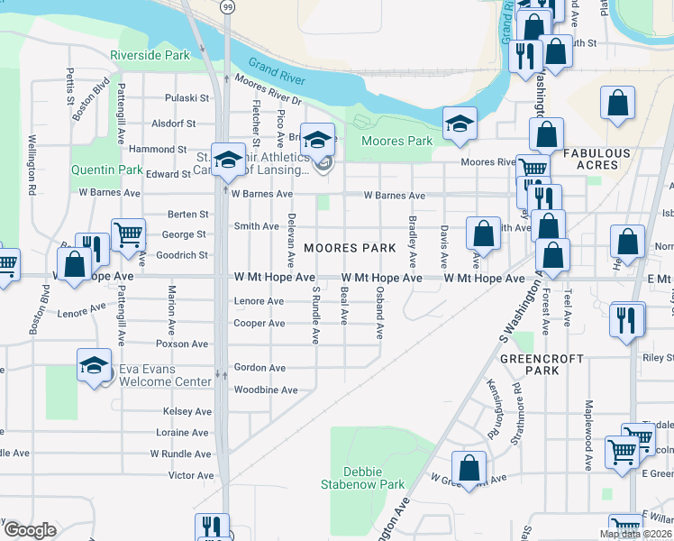 map of restaurants, bars, coffee shops, grocery stores, and more near 1834 Beal Avenue in Lansing