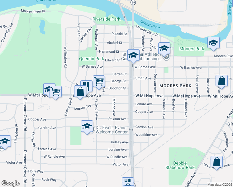 map of restaurants, bars, coffee shops, grocery stores, and more near 1231 Goodrich Street in Lansing