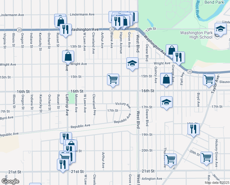 map of restaurants, bars, coffee shops, grocery stores, and more near 1546 Hayes Avenue in Racine
