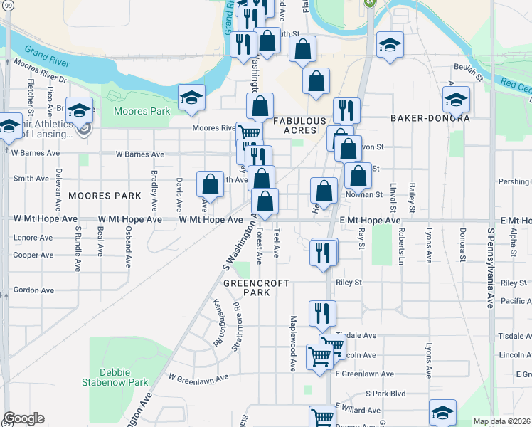 map of restaurants, bars, coffee shops, grocery stores, and more near 1917 South Washington Avenue in Lansing