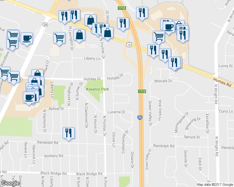map of restaurants, bars, coffee shops, grocery stores, and more near 2811 Calgary Lane in Janesville