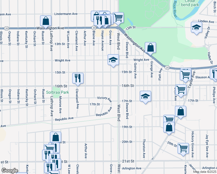 map of restaurants, bars, coffee shops, grocery stores, and more near 1544 Grove Avenue in Racine