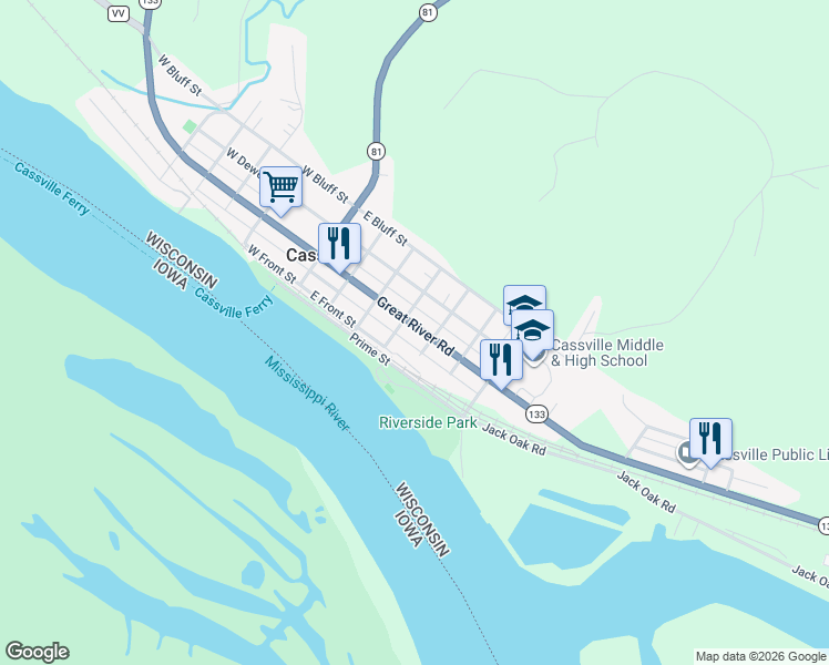 map of restaurants, bars, coffee shops, grocery stores, and more near 409 East Amelia Street in Cassville