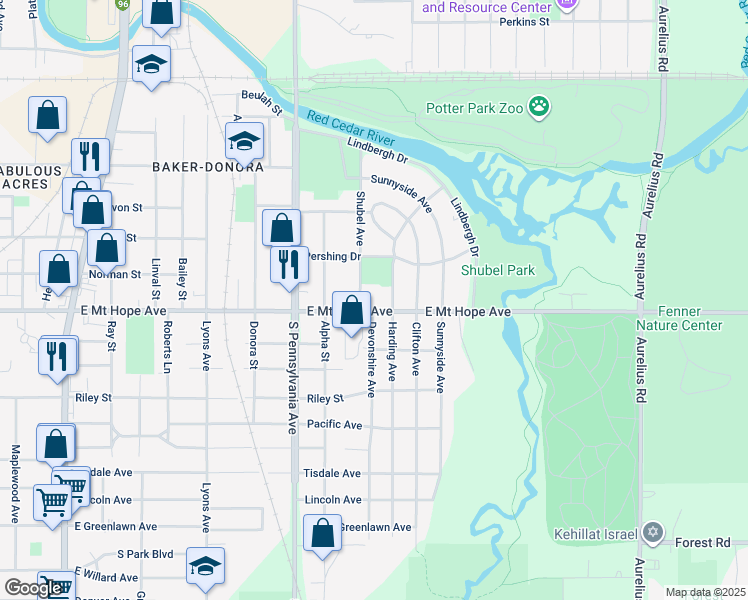 map of restaurants, bars, coffee shops, grocery stores, and more near 1215 East Mount Hope Avenue in Lansing