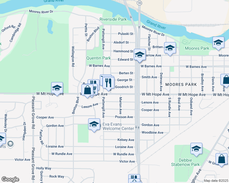 map of restaurants, bars, coffee shops, grocery stores, and more near 1830 Park Avenue in Lansing