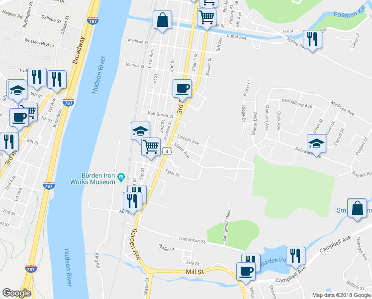 map of restaurants, bars, coffee shops, grocery stores, and more near Norton Street & Hudson Street in Troy
