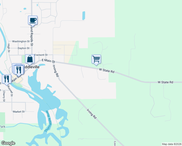 map of restaurants, bars, coffee shops, grocery stores, and more near 8141 West State Road in Middleville