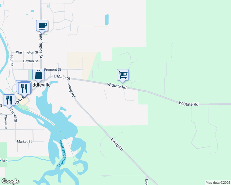map of restaurants, bars, coffee shops, grocery stores, and more near 8141 West State Road in Middleville