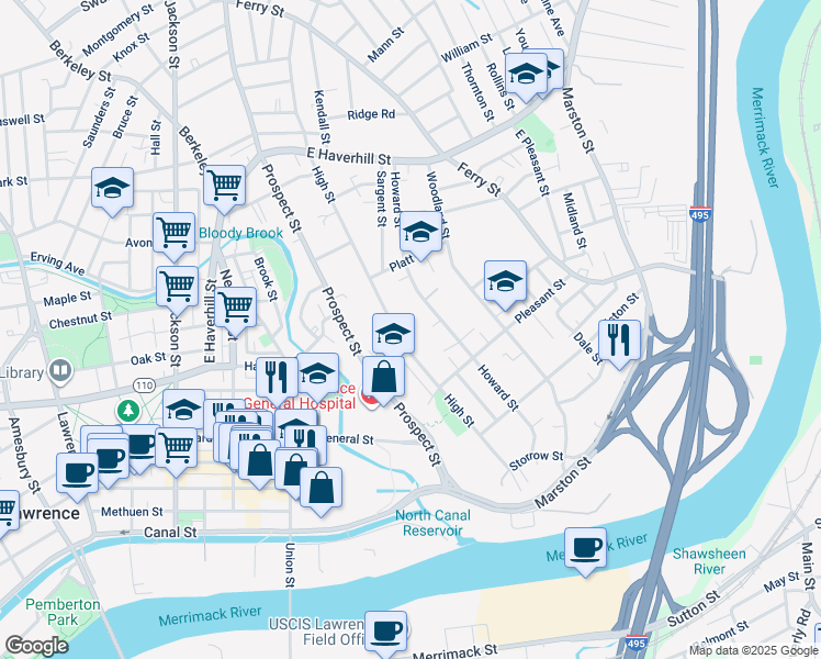 map of restaurants, bars, coffee shops, grocery stores, and more near 354 Howard Street in Lawrence