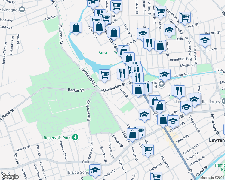 map of restaurants, bars, coffee shops, grocery stores, and more near 50 Manchester Street in Lawrence