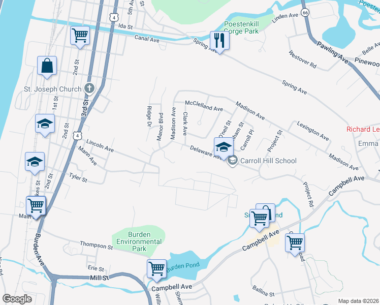 map of restaurants, bars, coffee shops, grocery stores, and more near 142 Delaware Avenue in Troy