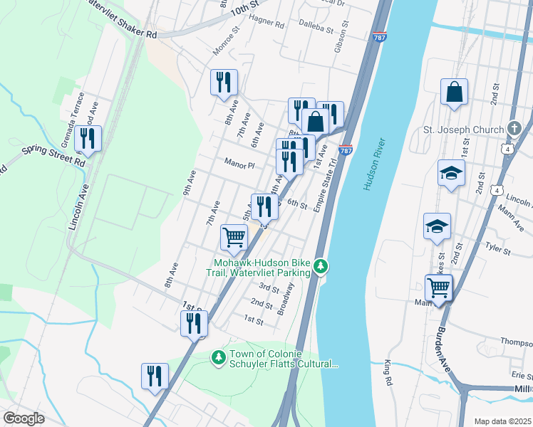 map of restaurants, bars, coffee shops, grocery stores, and more near 515 4th Avenue in Watervliet