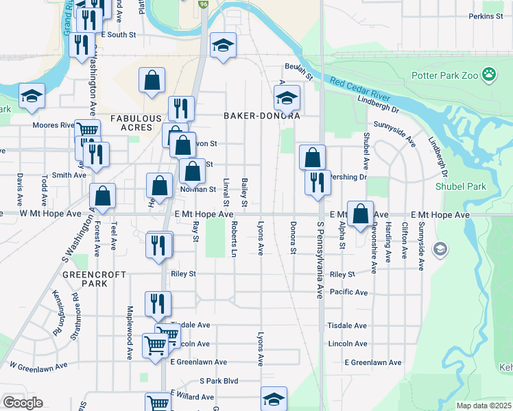 map of restaurants, bars, coffee shops, grocery stores, and more near 1831 Lyons Avenue in Lansing