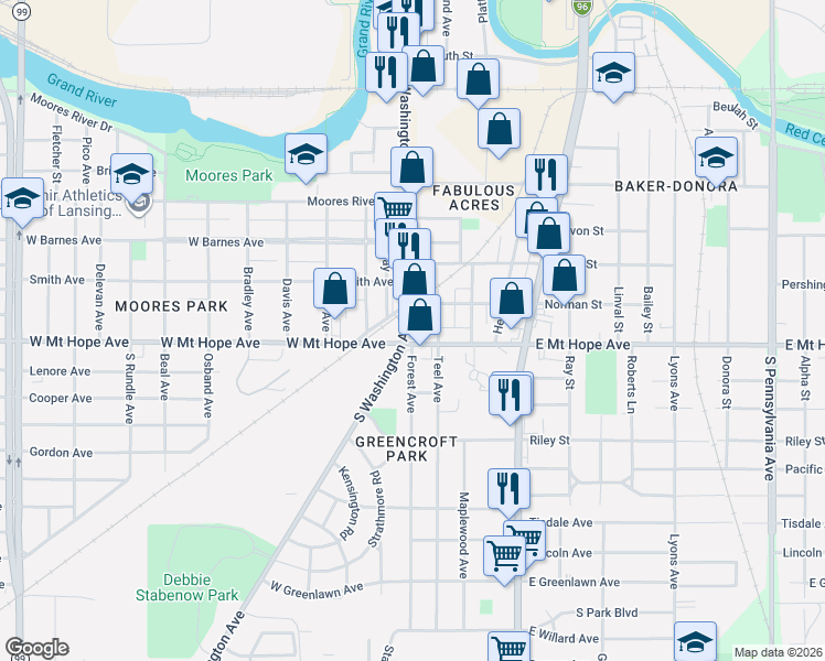 map of restaurants, bars, coffee shops, grocery stores, and more near 1917 South Washington Avenue in Lansing