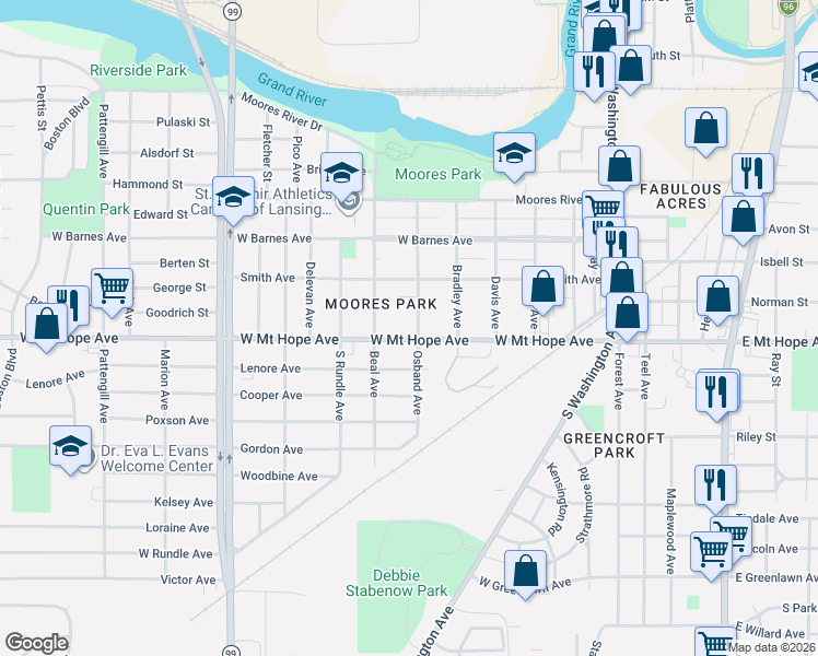map of restaurants, bars, coffee shops, grocery stores, and more near in Lansing