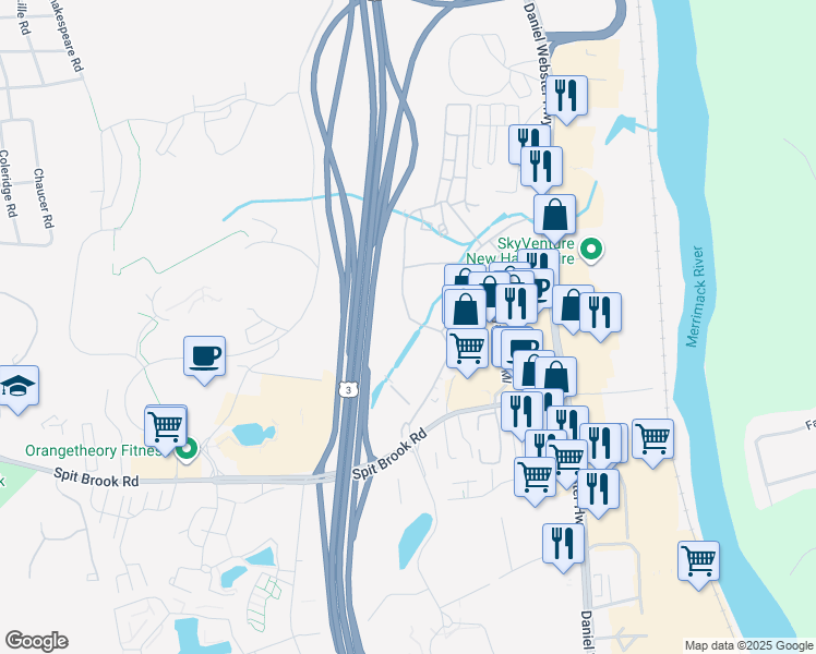 map of restaurants, bars, coffee shops, grocery stores, and more near 1 Newcastle Drive in Nashua