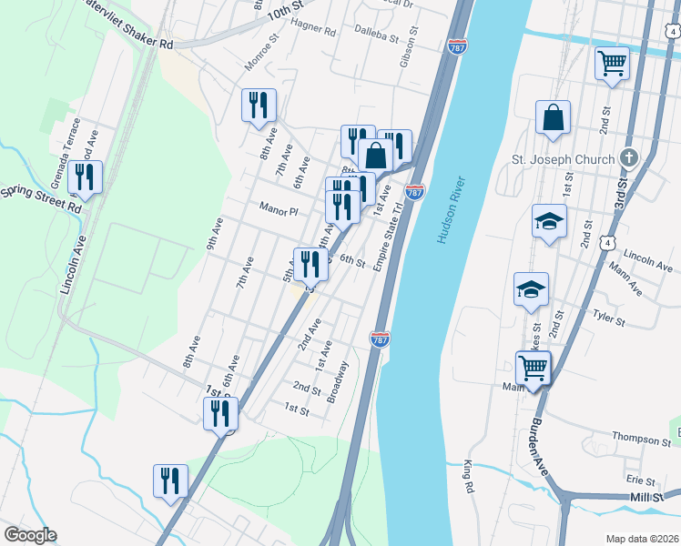 map of restaurants, bars, coffee shops, grocery stores, and more near 517 2nd Avenue in Watervliet