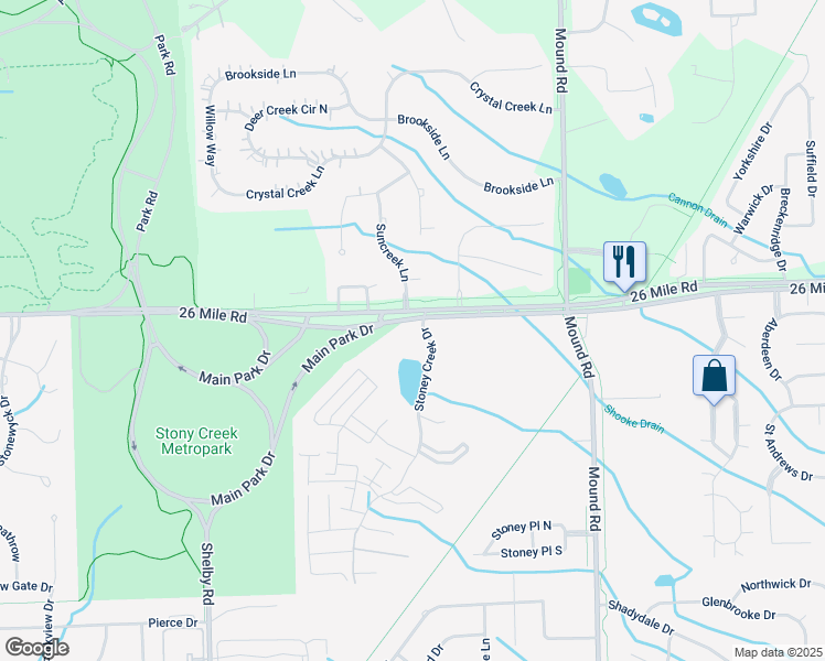 map of restaurants, bars, coffee shops, grocery stores, and more near 5280 26 Mile Road in Macomb County