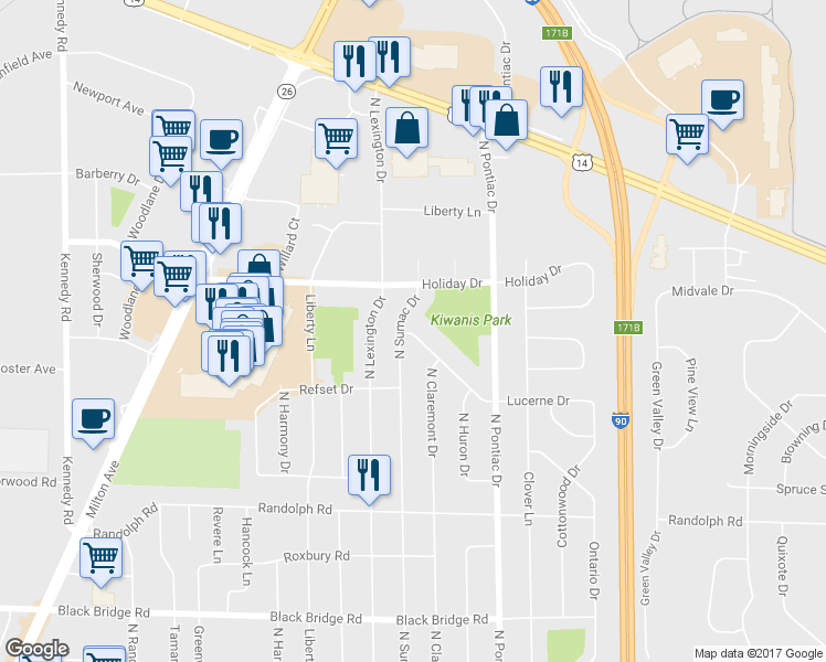 map of restaurants, bars, coffee shops, grocery stores, and more near 2409 Lucerne Drive in Janesville