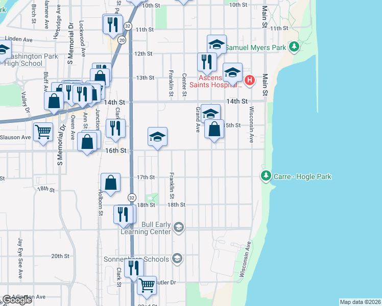 map of restaurants, bars, coffee shops, grocery stores, and more near 711 16th Street in Racine