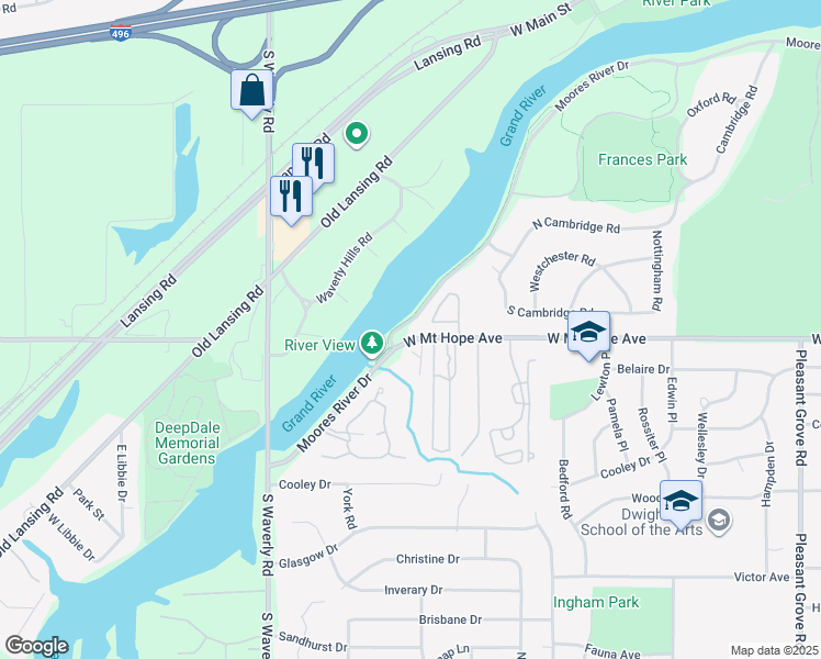 map of restaurants, bars, coffee shops, grocery stores, and more near 3333 Moores River Drive in Lansing