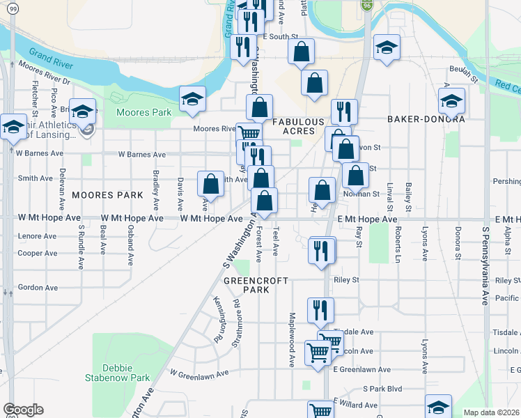 map of restaurants, bars, coffee shops, grocery stores, and more near 1917 South Washington Avenue in Lansing