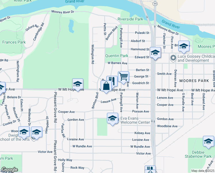 map of restaurants, bars, coffee shops, grocery stores, and more near 1612 West Mount Hope Avenue in Lansing