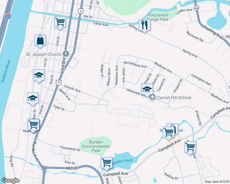 map of restaurants, bars, coffee shops, grocery stores, and more near 2 Stanton Street in Troy