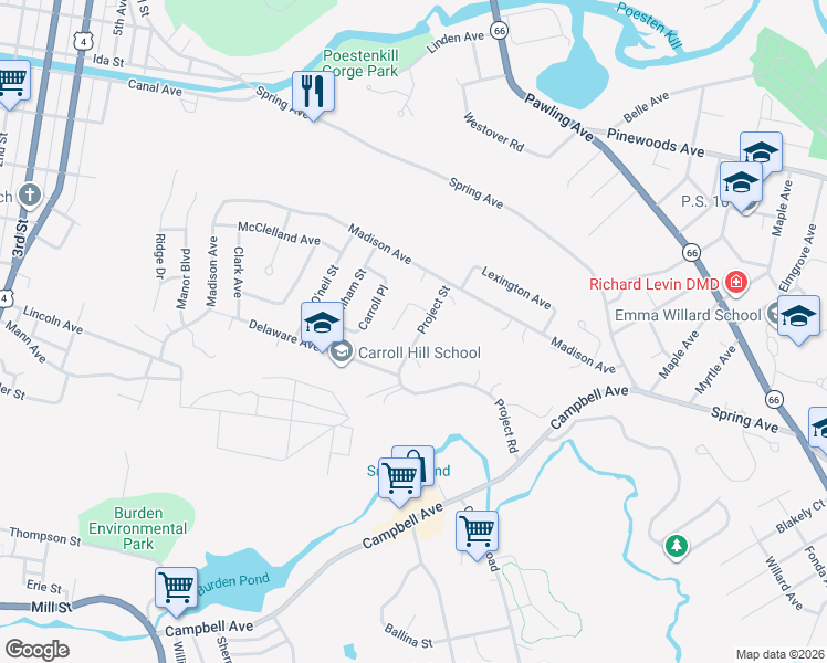map of restaurants, bars, coffee shops, grocery stores, and more near 76 Project Street in Troy