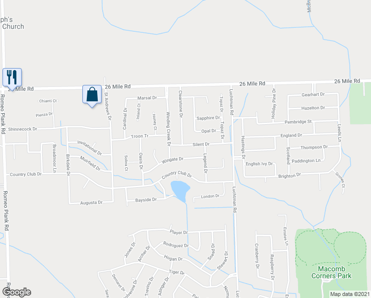 map of restaurants, bars, coffee shops, grocery stores, and more near 18290 Silent Drive in Macomb