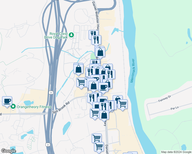 map of restaurants, bars, coffee shops, grocery stores, and more near 221 Daniel Webster Highway in Nashua