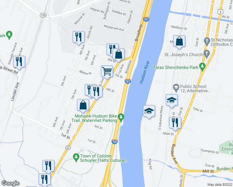 map of restaurants, bars, coffee shops, grocery stores, and more near 599 Broadway in Watervliet