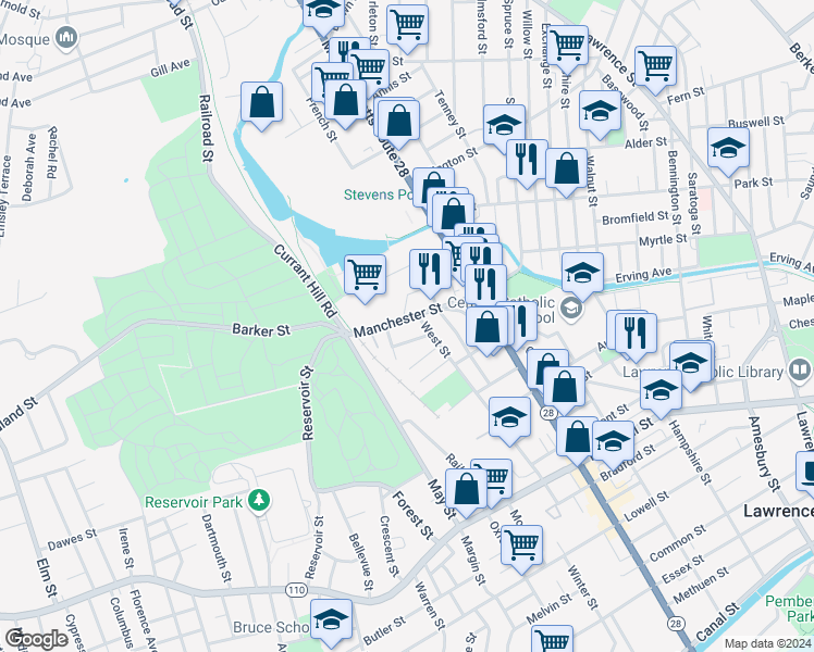 map of restaurants, bars, coffee shops, grocery stores, and more near 50 Manchester Street in Lawrence