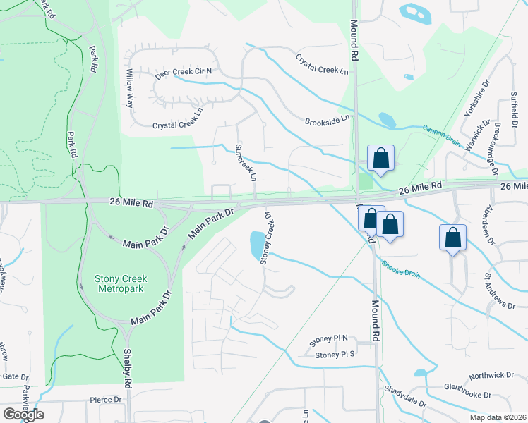 map of restaurants, bars, coffee shops, grocery stores, and more near 5280 26 Mile Road in Shelby charter Township