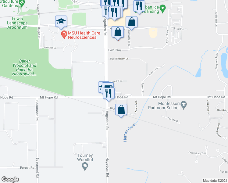map of restaurants, bars, coffee shops, grocery stores, and more near 2946 Mount Hope Road in Meridian charter Township
