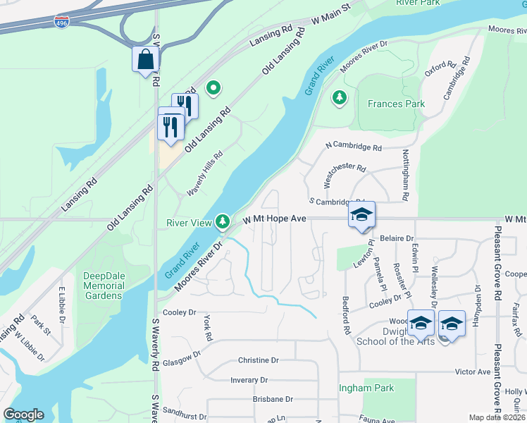 map of restaurants, bars, coffee shops, grocery stores, and more near 3333 Moores River Drive in Lansing