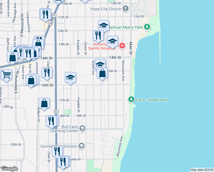 map of restaurants, bars, coffee shops, grocery stores, and more near in Racine