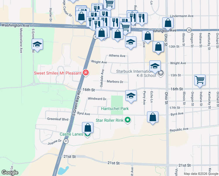 map of restaurants, bars, coffee shops, grocery stores, and more near 5400 16th Street in Racine