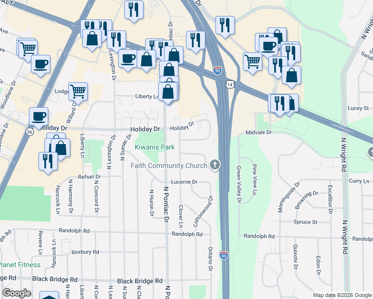 map of restaurants, bars, coffee shops, grocery stores, and more near 2811 Calgary Lane in Janesville